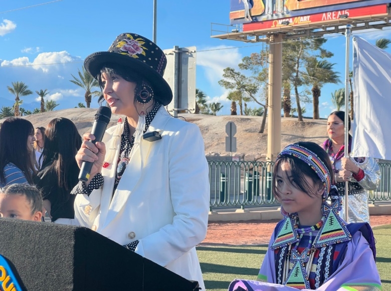 Barbara Hartzell, Executive Director of Native Voters Alliance Nevada, spoke at Monday's event.